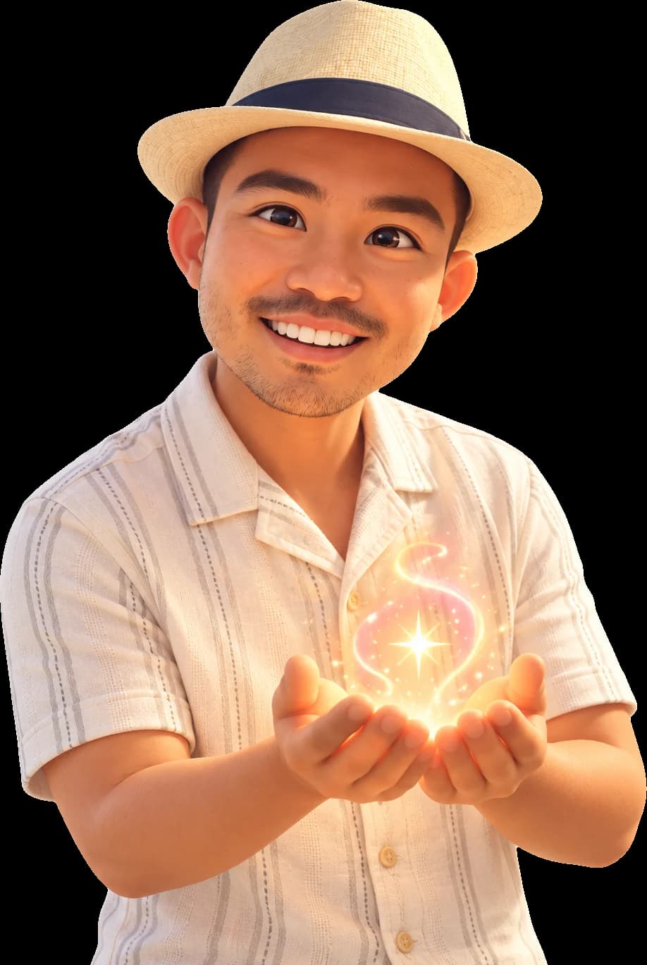 3D illustrated portrait of Long La holding a glowing spark