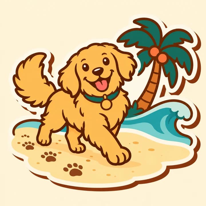 Golden retriever trotting along the beach