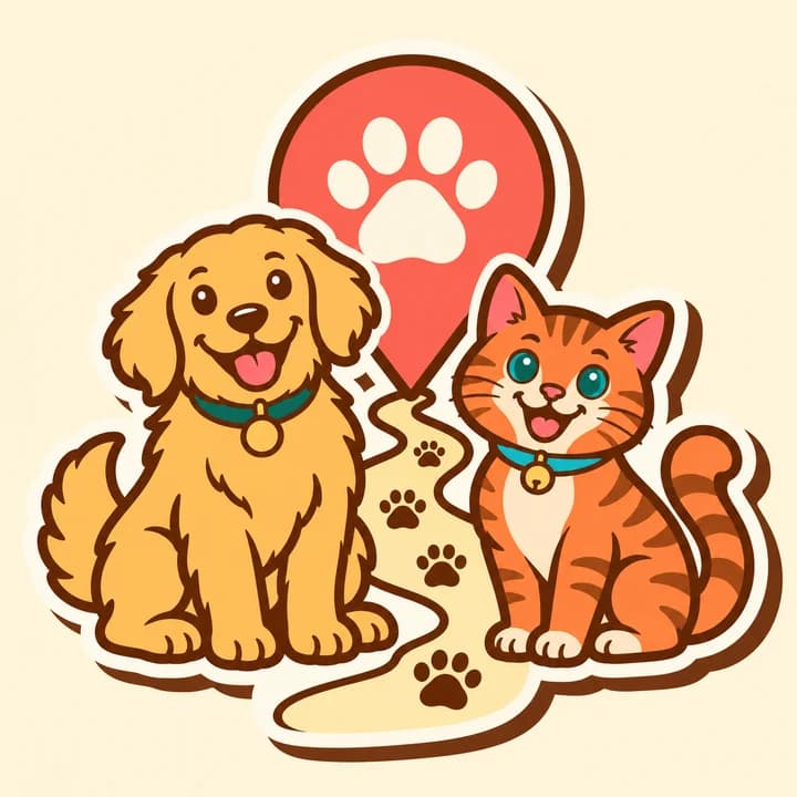 Golden retriever and orange tabby beside a map pin with a paw-print trail