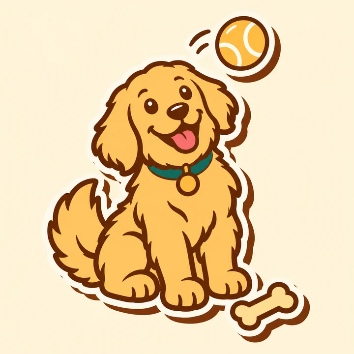 Golden retriever sitting and looking up at a tennis ball, with a bone nearby